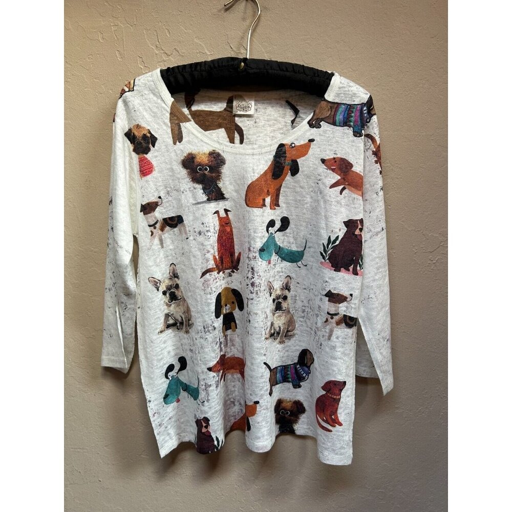 Et’ Lois Women Canines Galore Soft Knit Top Small White 3/4 Sleeve U-Neck Casual